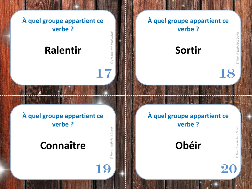 Task cards 17-20: students sort ralentir, sortir, connaître and obéir into the 1st, 2nd or 3rd French verb group