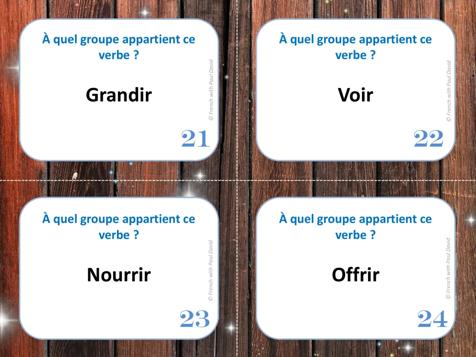 French verb classification cards 21-24: students say which group grandir, voir, nourrir and offrir belong to