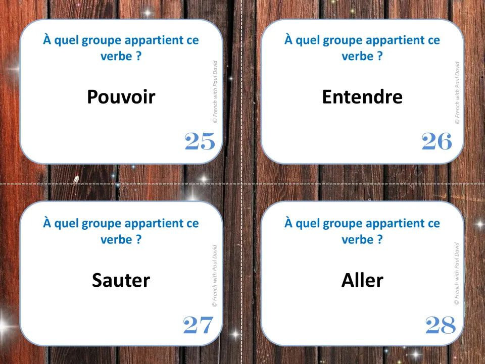 Final verb group cards 25-28: students classify pouvoir, entendre, sauter and aller into the 1st, 2nd or 3rd group