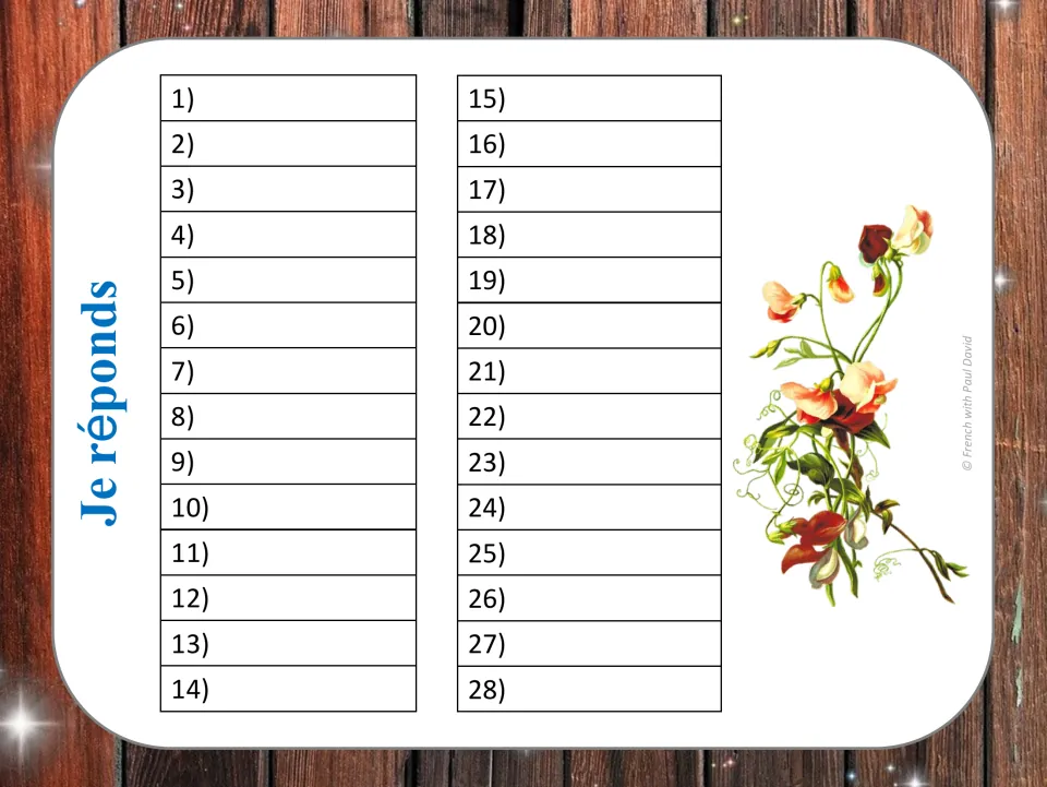 Je réponds recording sheet: students write the verb group for each of task cards 1 to 28 as they work through them