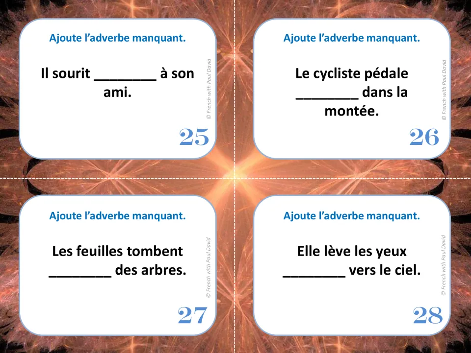Cards 25-28: students choose a adverb for a smile, a cyclist pedaling uphill, falling leaves and looking up at the sky