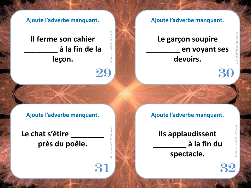 Adverb cards 29-32: students fill the gap in sentences about closing a notebook, a sigh, a stretching cat and applause
