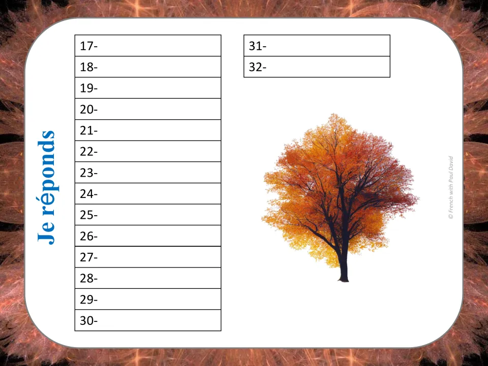 Je réponds sheet for cards 17-32: students record each missing adverb next to its card number