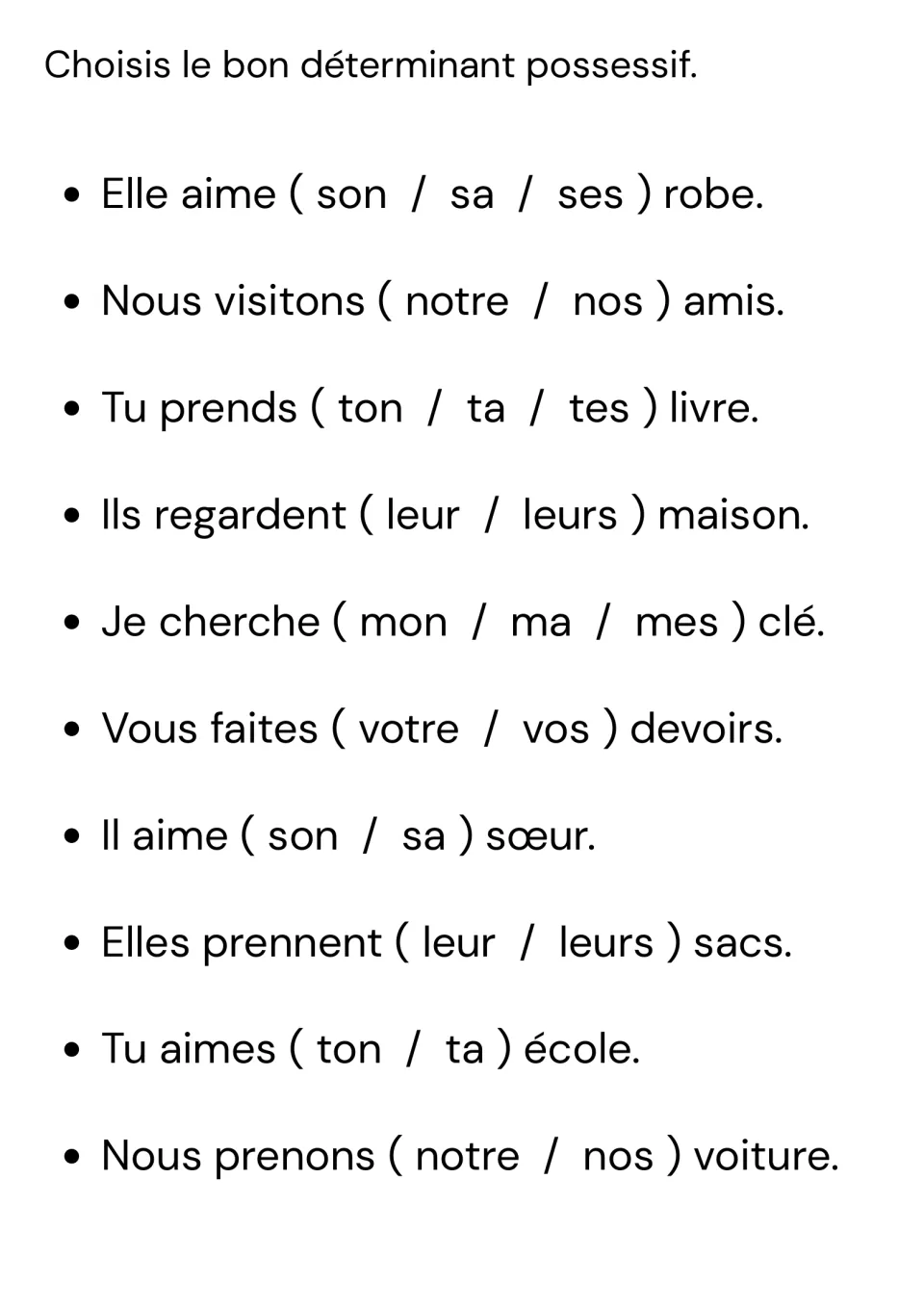 Choosing possessive determiners: students pick son/sa/ses, notre/nos or leur/leurs to fit the noun in 10 sentences