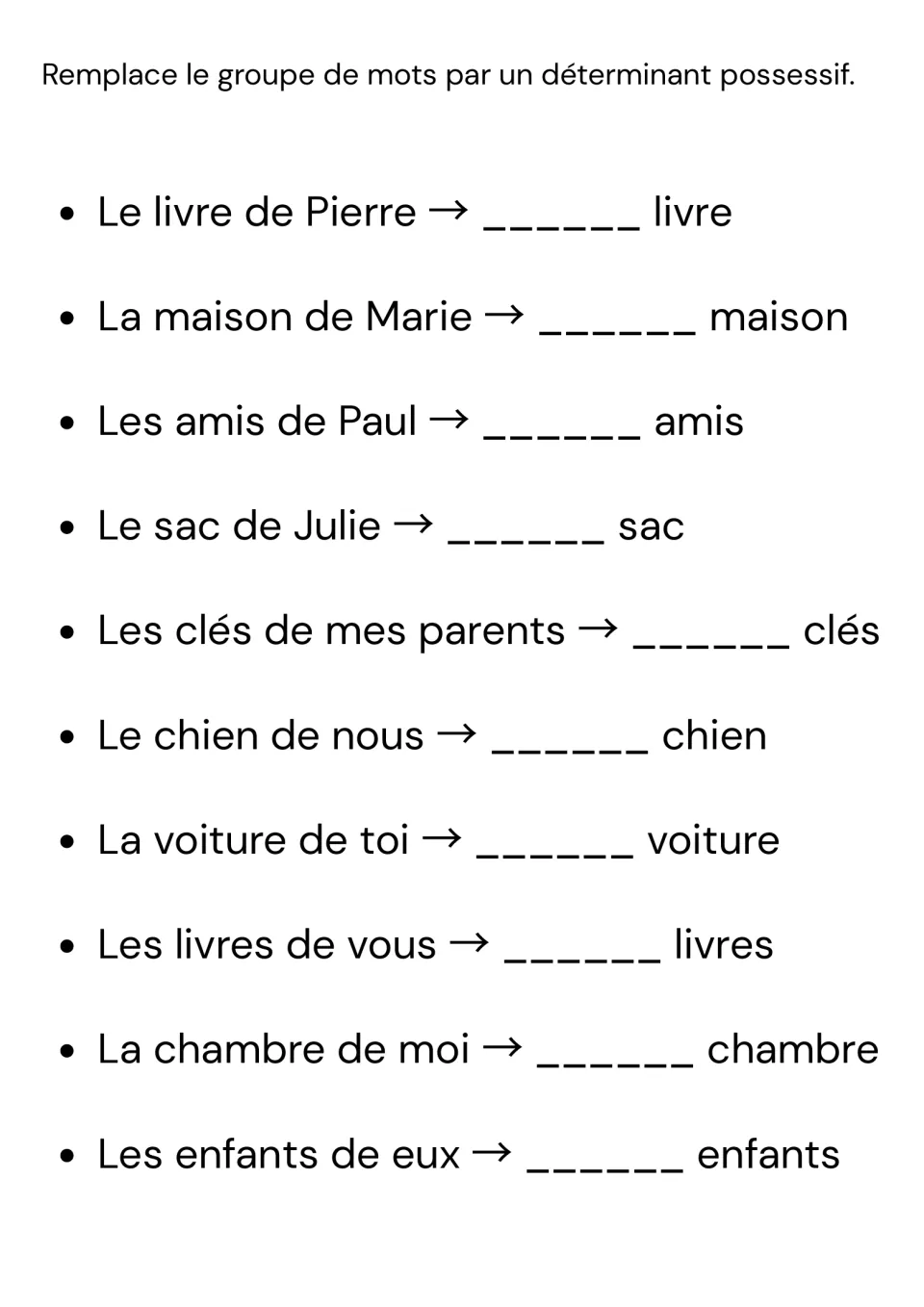 Rewriting with possessives: students turn phrases like Le livre de Pierre or Les amis de Paul into a determiner plus noun