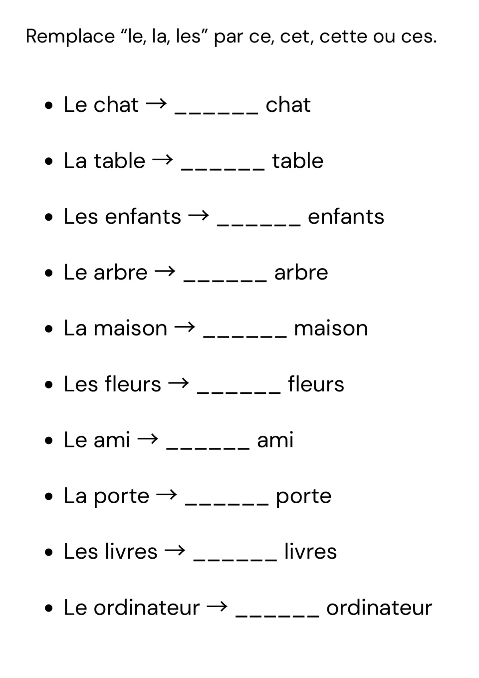 Swapping articles for demonstratives: students replace le, la or les with ce, cet, cette or ces for chat, arbre, fleurs