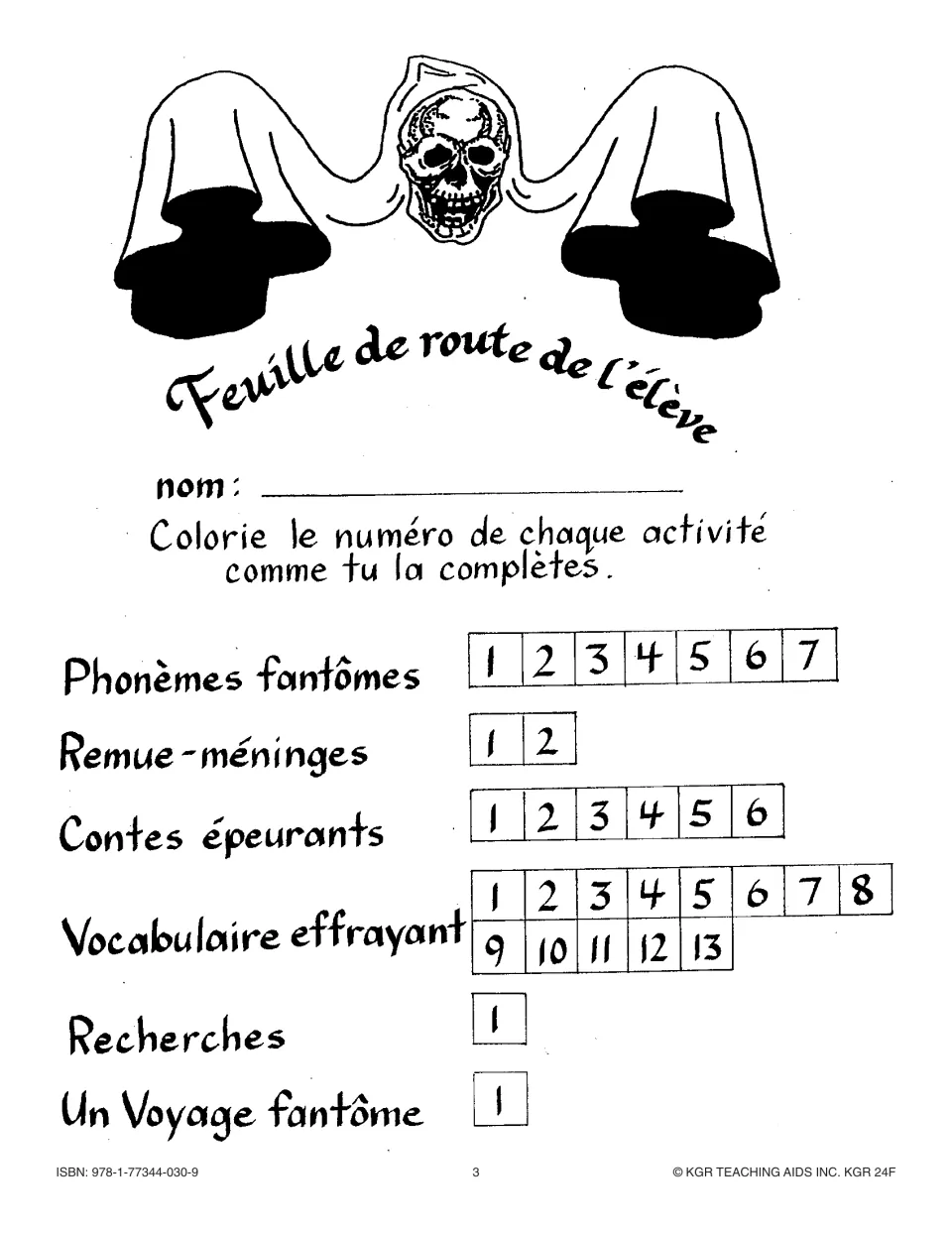 Student tracking sheet to color activity numbers: Phonèmes fantômes 1–7, Vocabulaire effrayant 1–13, and more