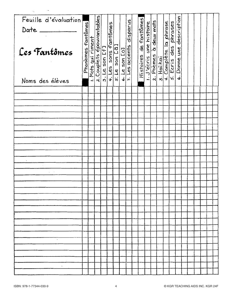 Teacher evaluation chart for student names, checking Phonèmes fantômes 1–7 and Histoires de fantômes 1–6