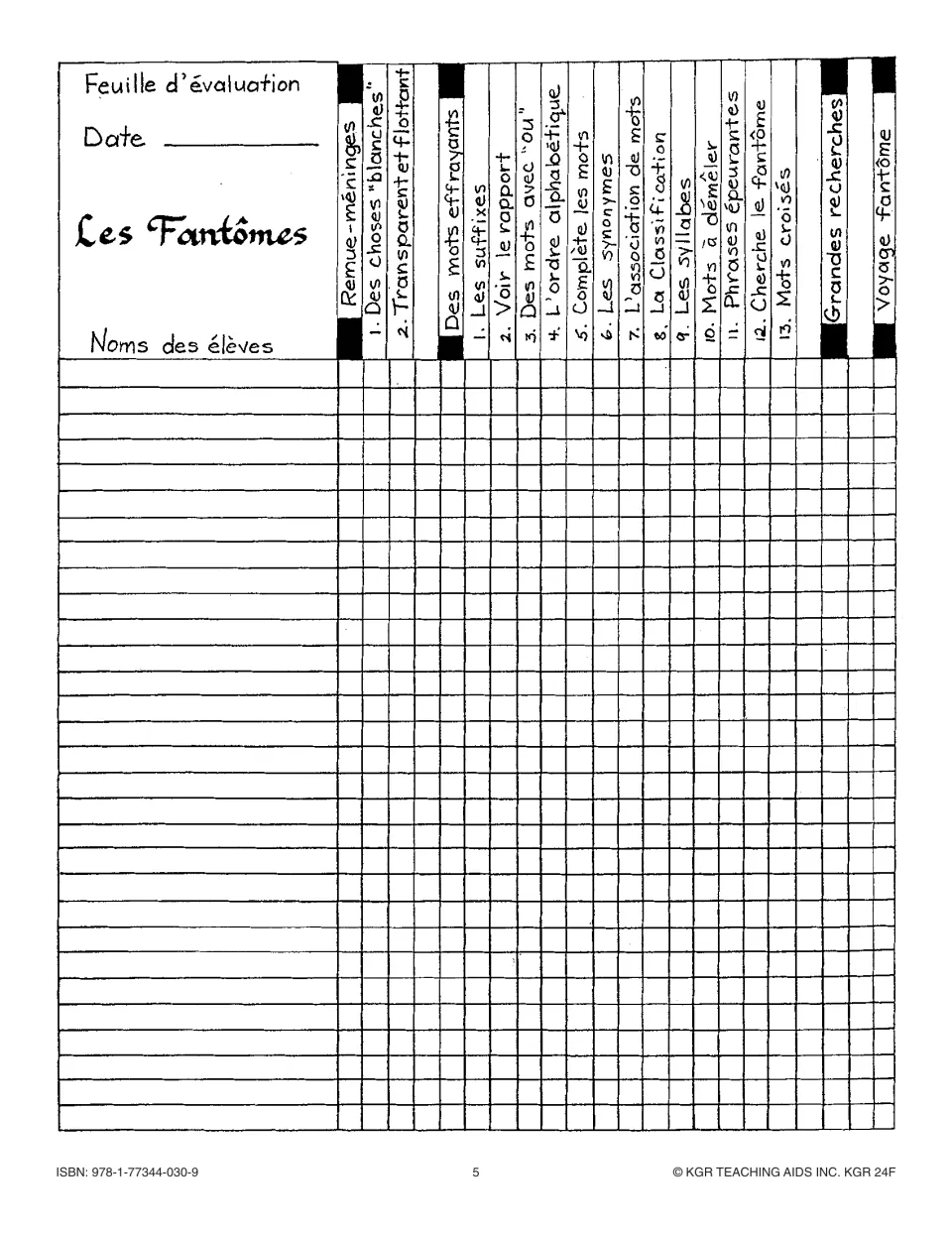 Teacher evaluation chart for Remue-méninges 1–2, Des mots effrayants 1–13, Grandes recherches and Voyage fantôme