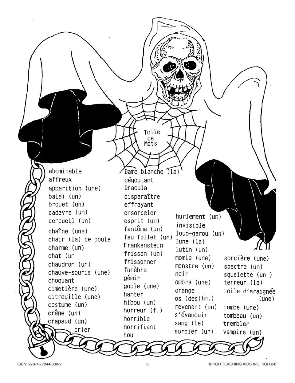 Toile de mots Halloween word list: fantôme (ghost), citrouille (pumpkin), squelette (skeleton) and more