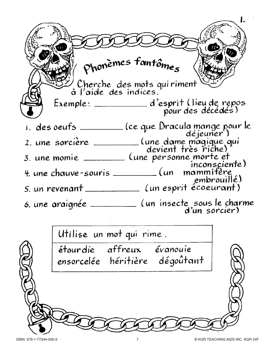 Phonèmes fantômes activity 1: find rhyming words from clues, such as une sorcière héritière (a rich witch)