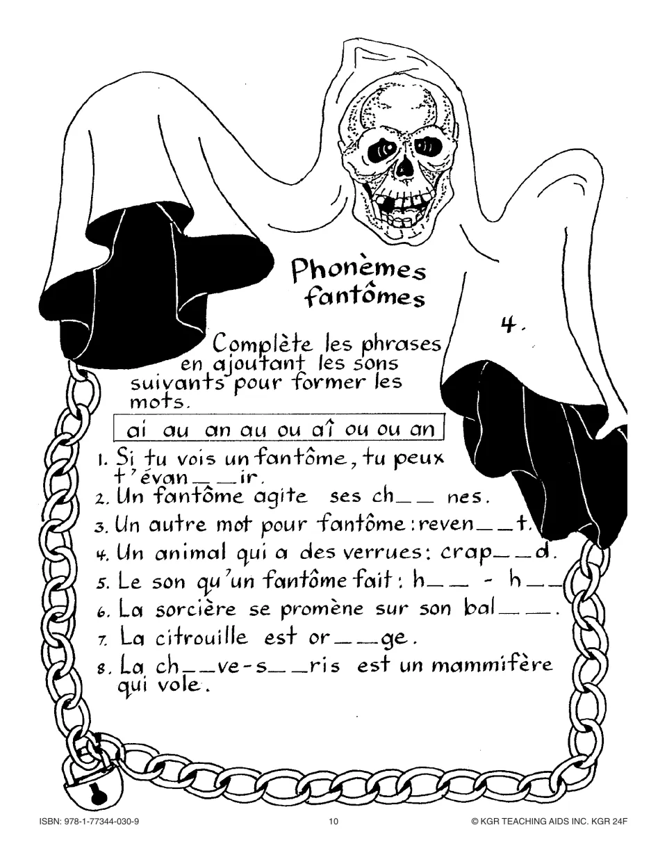 Phonèmes fantômes activity 4: complete 8 sentences with sounds ai, au, an, ou, as in t'évan__ir and crap__d