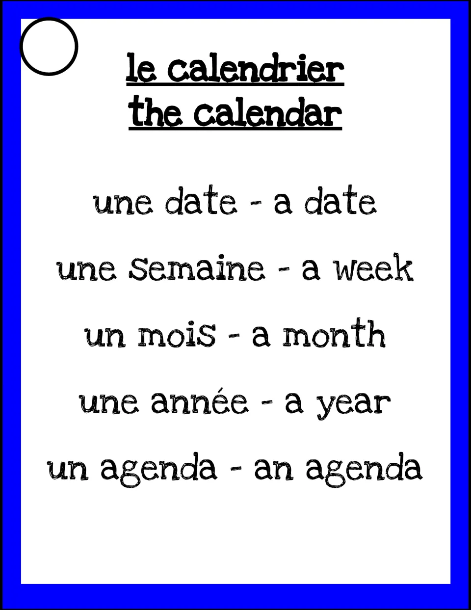 Taboo card 'le calendrier': describe the calendar in French without saying date, semaine, mois, année or agenda