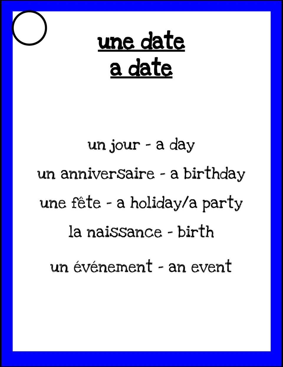 Taboo card 'une date': clue the word without using jour, anniversaire, fête, naissance or événement
