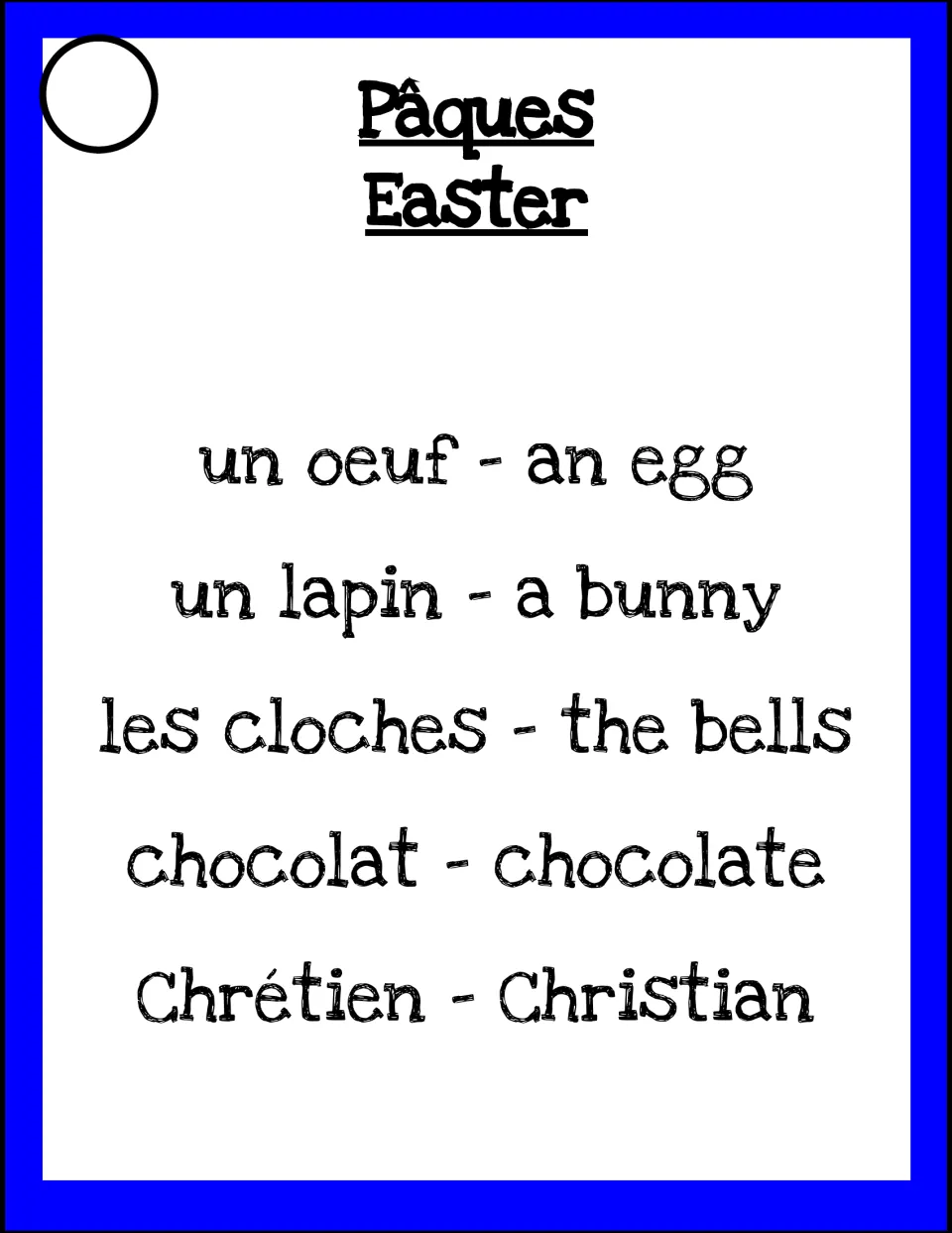 Taboo card 'Pâques': clue Easter while avoiding oeuf, lapin, les cloches, chocolat and Chrétien