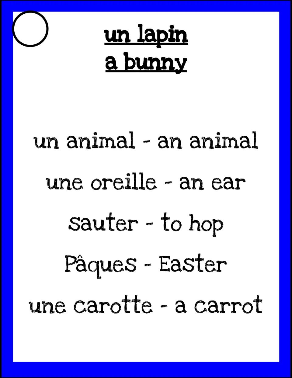 Taboo card 'un lapin': describe a bunny while avoiding animal, oreille, sauter, Pâques and carotte