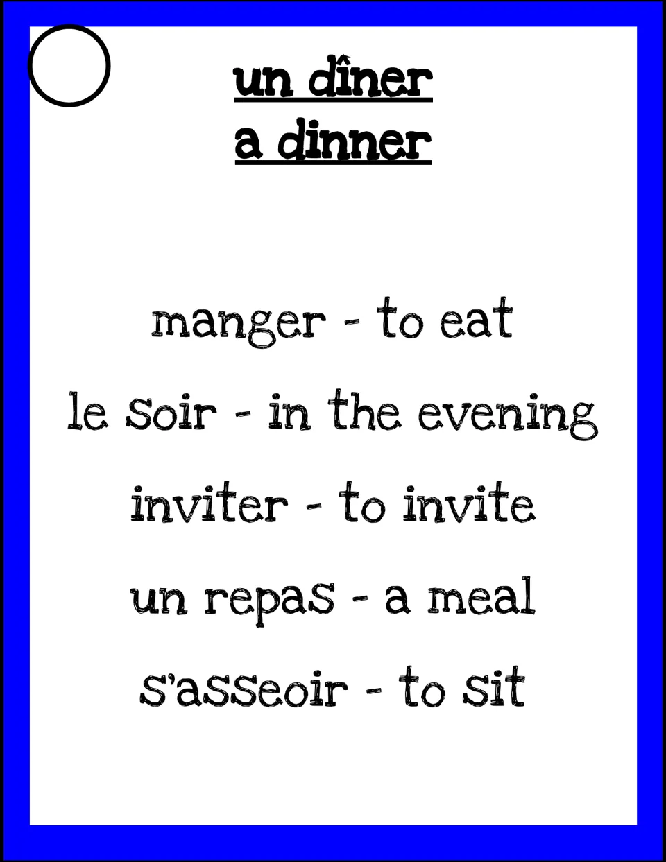 Taboo card 'un dîner': clue a dinner without saying manger, le soir, inviter, repas or s'asseoir
