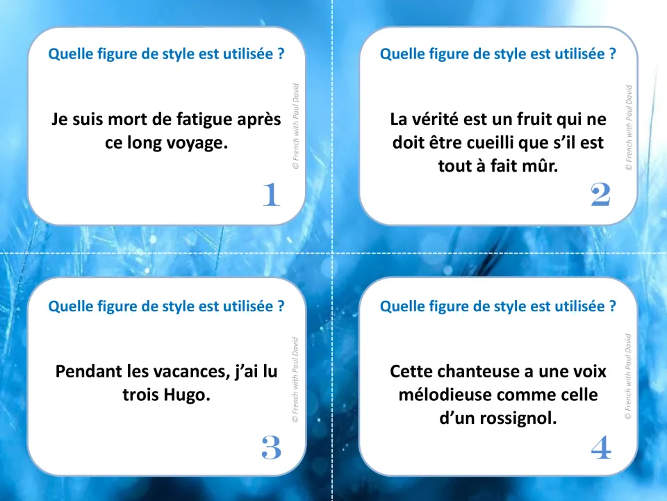 French figures of speech cards 1-4: students name the device in lines like Je suis mort de fatigue and trois Hugo