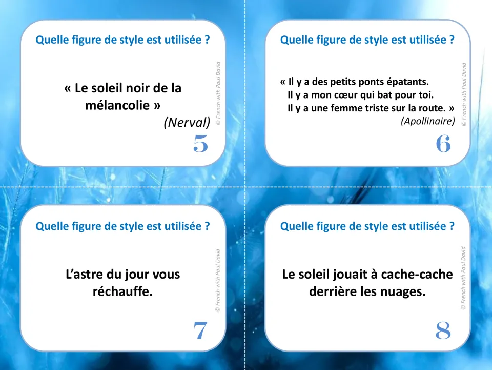 Cards 5-8 ask which figure de style is used in quotes from Nerval and Apollinaire, plus L'astre du jour and a sun at play