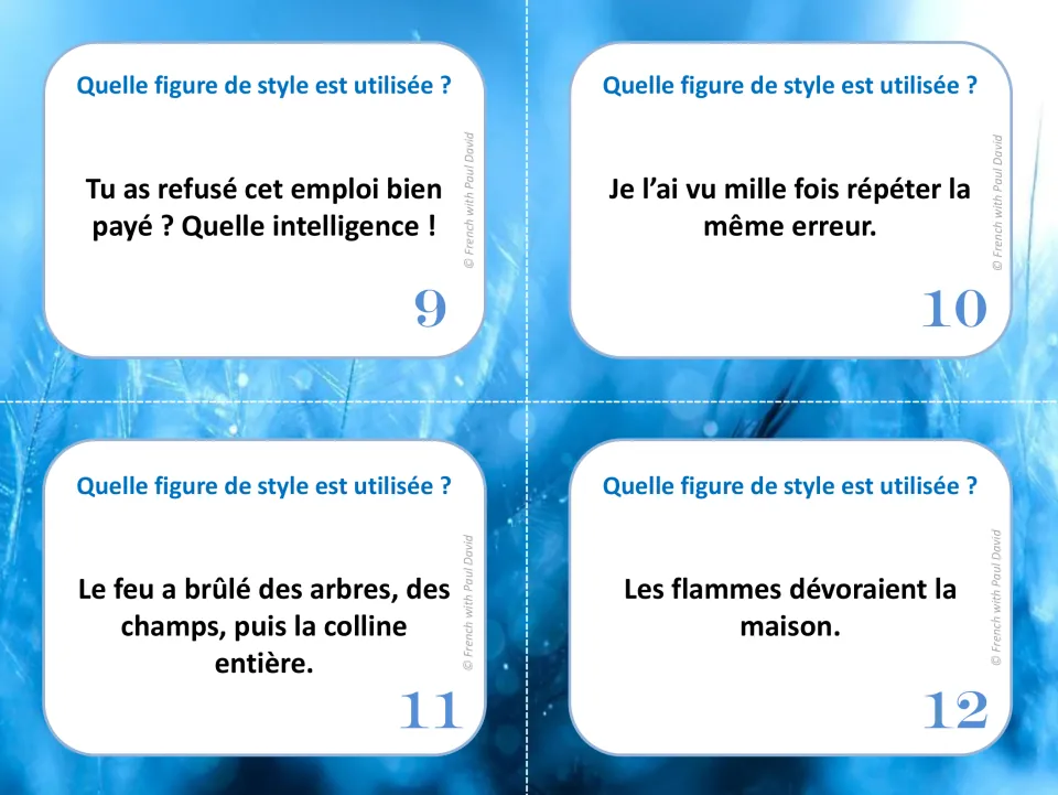 Cards 9-12: students identify the stylistic device in sentences on a refused job, mille fois, a spreading fire and flames