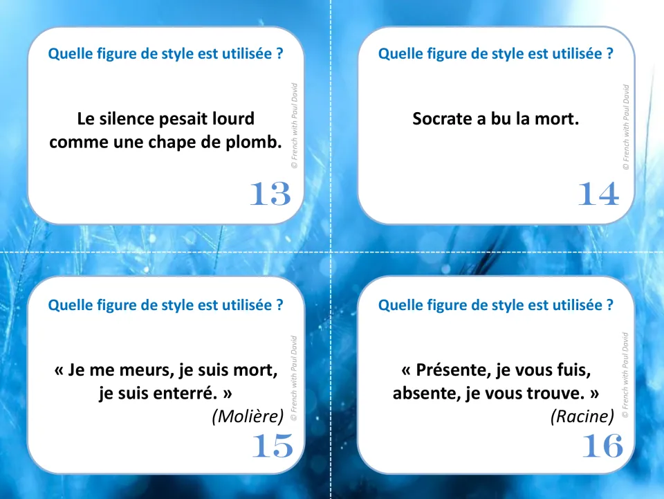 Cards 13-16: learners label the rhetorical figure in a heavy silence, Socrate a bu la mort, and lines by Molière and Racine