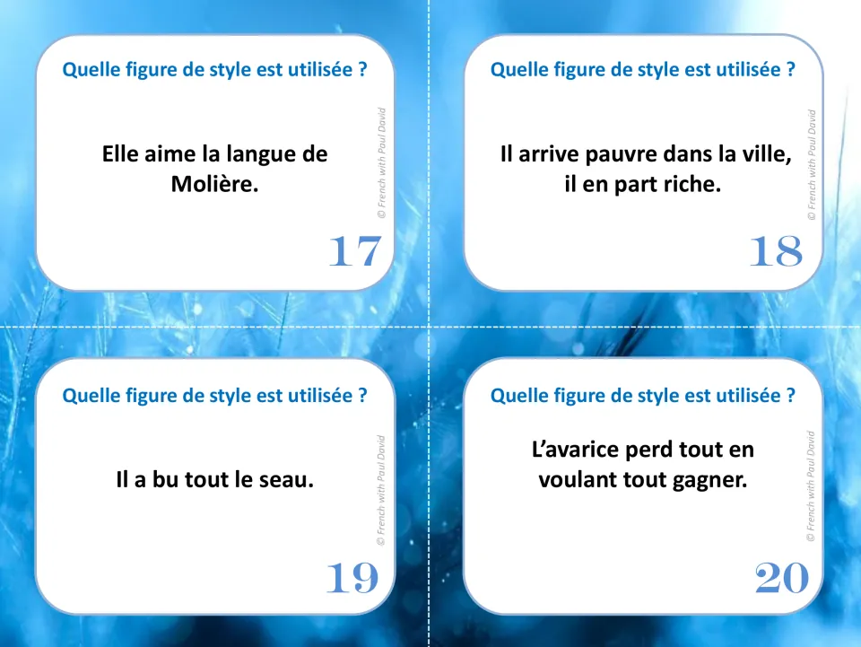 Cards 17-20 on identifying figures of style: la langue de Molière, pauvre vs riche, Il a bu tout le seau and l'avarice