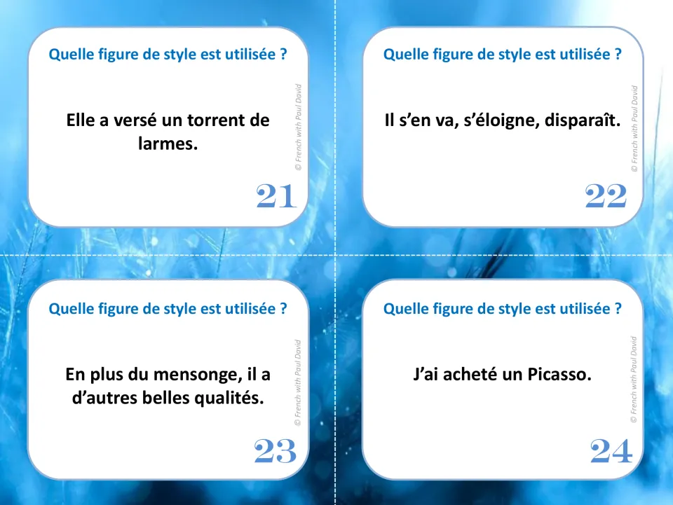 Cards 21-24: students decide which device appears in un torrent de larmes, s'éloigne, disparaît, a lying man and un Picasso