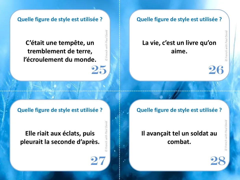 Final cards 25-28: name the figure in a storm-and-earthquake list, la vie as a book, laughing then crying, and a soldier