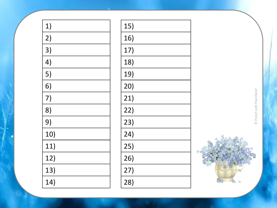 Student recording sheet numbered 1 to 28 for writing the name of the figure de style identified on each matching card