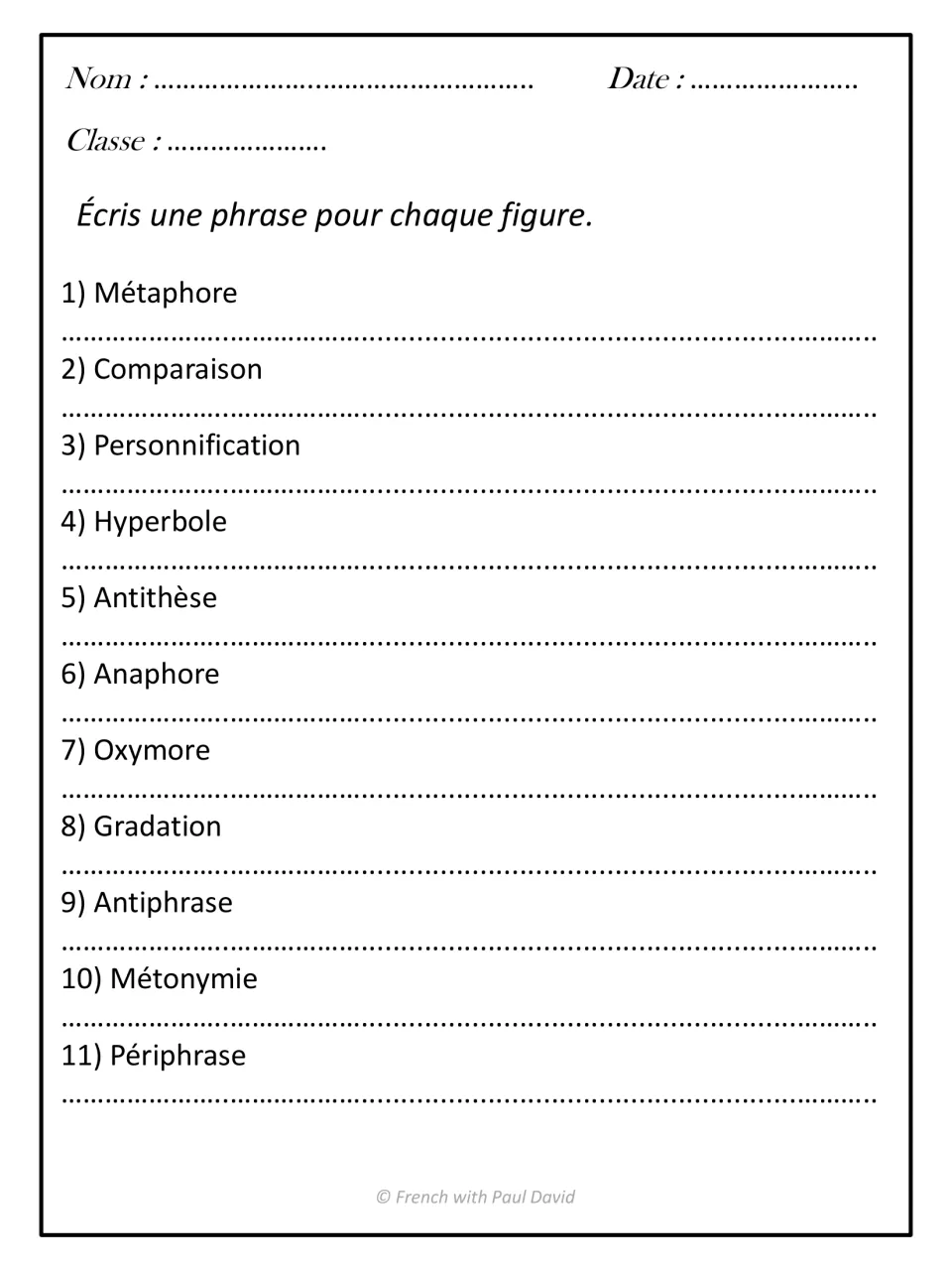 Writing original sentences: students compose one French sentence for each of 11 figures, from métaphore to périphrase