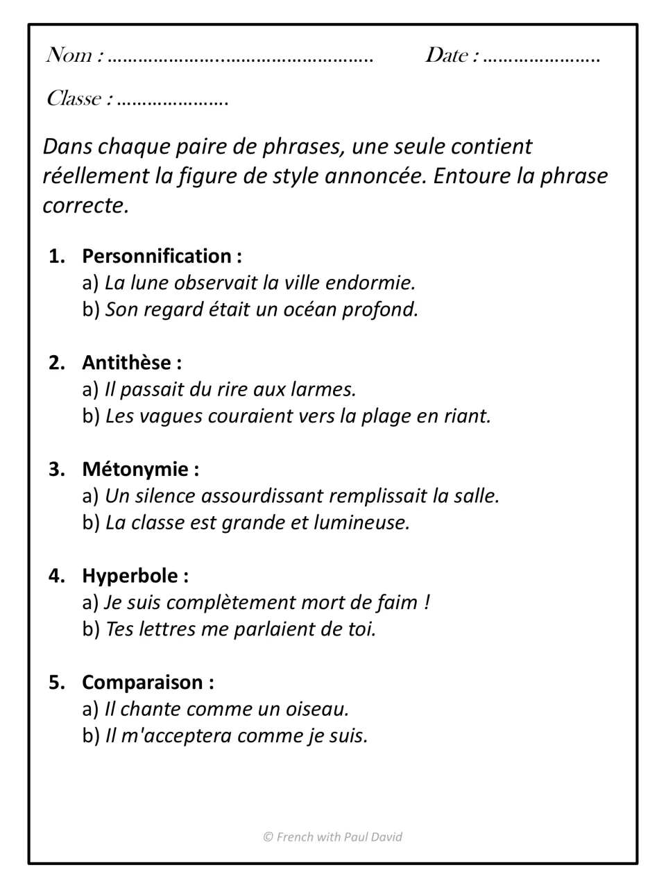 Spotting the true figure: for 5 named devices, students circle which of two French sentences really uses it