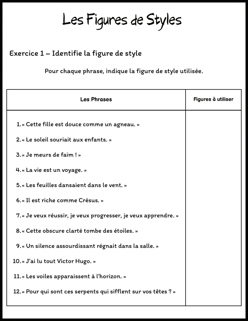 French identification exercise: 12 sentences, including 'La vie est un voyage' (Life is a journey)