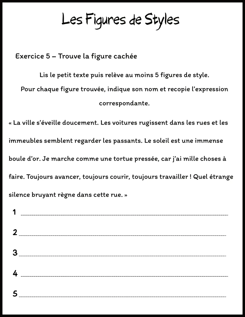 French passage analysis: find at least five figures of speech in a city scene and copy each matching expression