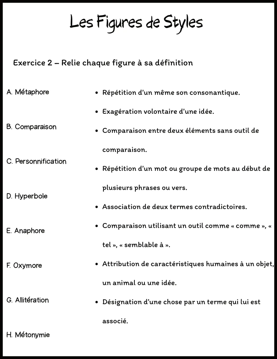 French matching exercise pairing eight figures of speech with definitions, including metaphor and oxymoron