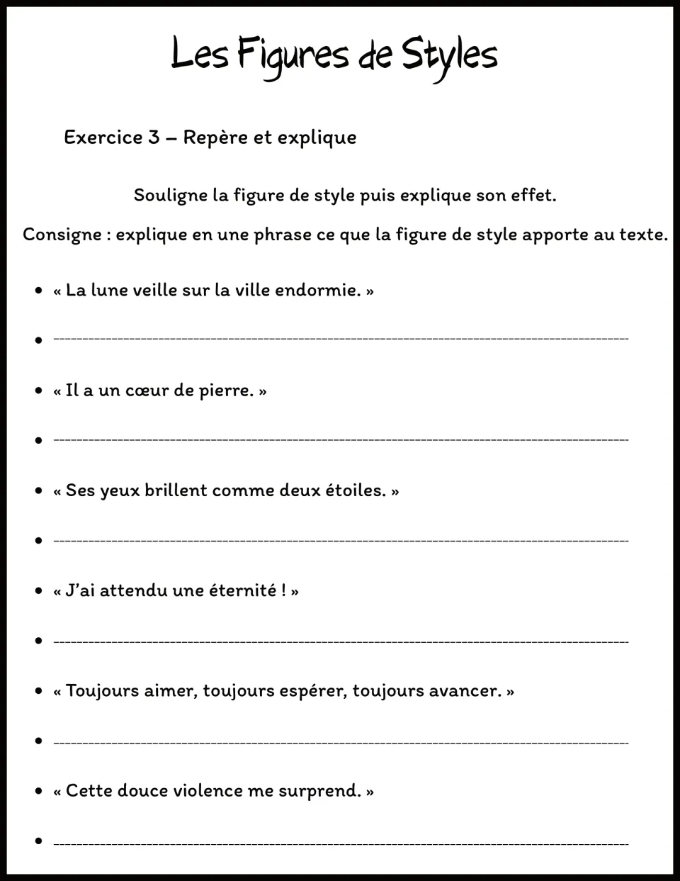 French analysis exercise asking students to underline figures of speech in six sentences and explain each effect