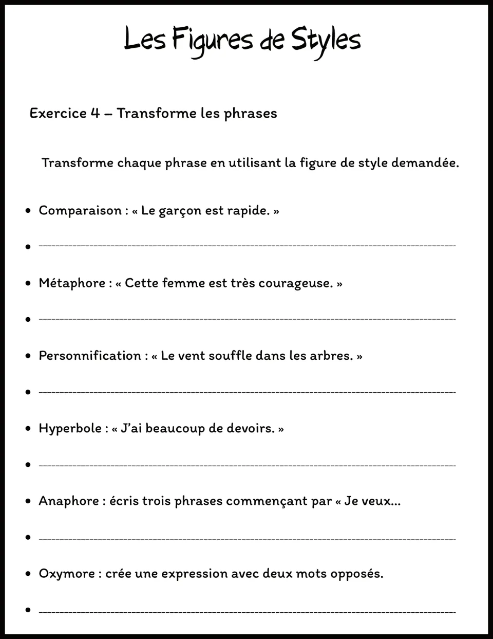 French writing exercise with six prompts for simile, metaphor, personification, hyperbole, anaphora, and oxymoron