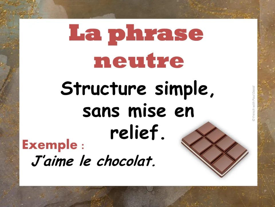 French neutral sentence poster: simple structure with no emphasis, illustrated by J'aime le chocolat and a chocolate bar