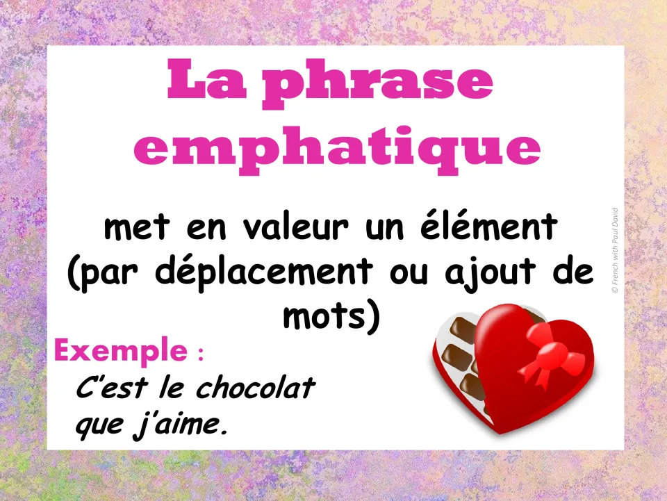 French emphatic sentence poster: stressing one element by moving or adding words, as in C'est le chocolat que j'aime