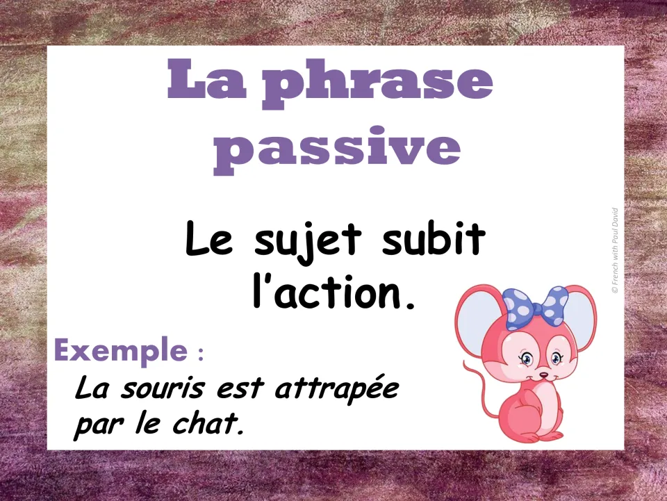 French passive voice poster: le sujet subit l'action, with La souris est attrapée par le chat and a cartoon mouse