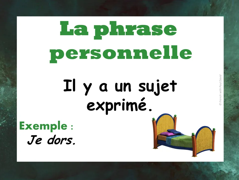 French personal sentence poster: an expressed subject is present, shown by the example Je dors beside a bed