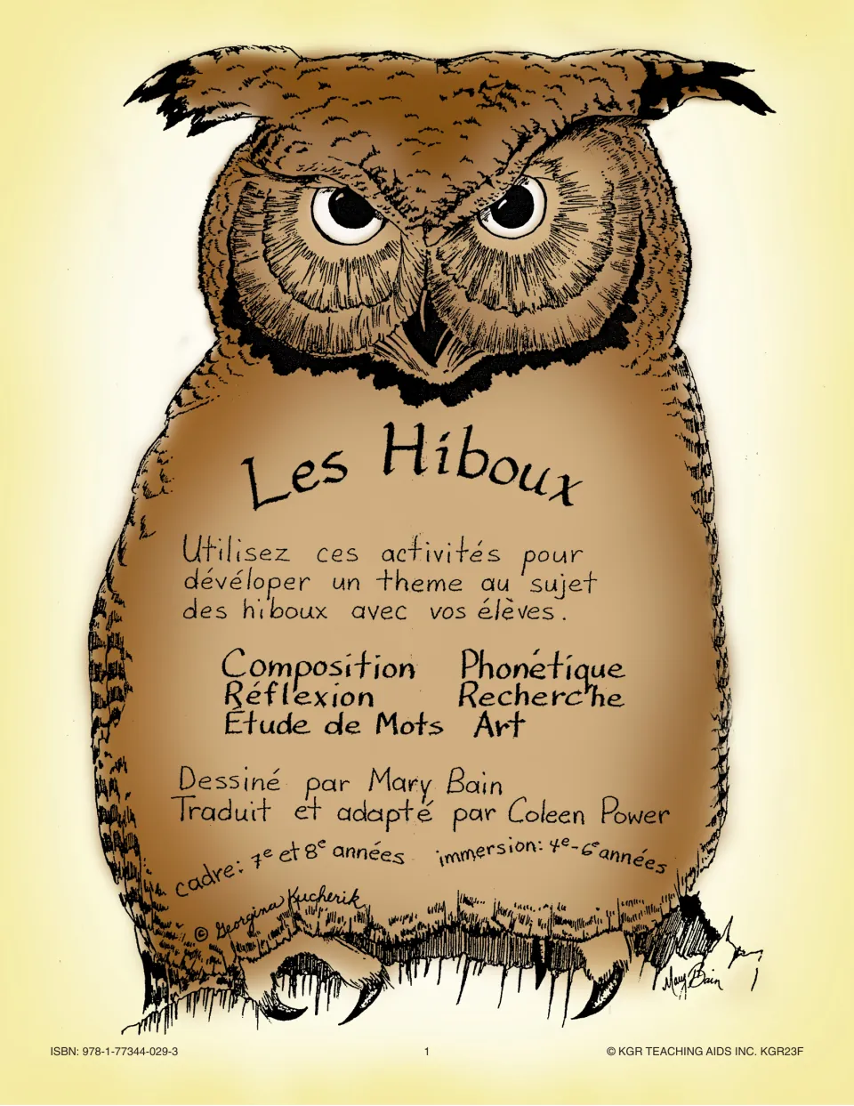 Cover of Les Hiboux (Owls), a French resource covering writing, reflection, word study, phonetics, research and art