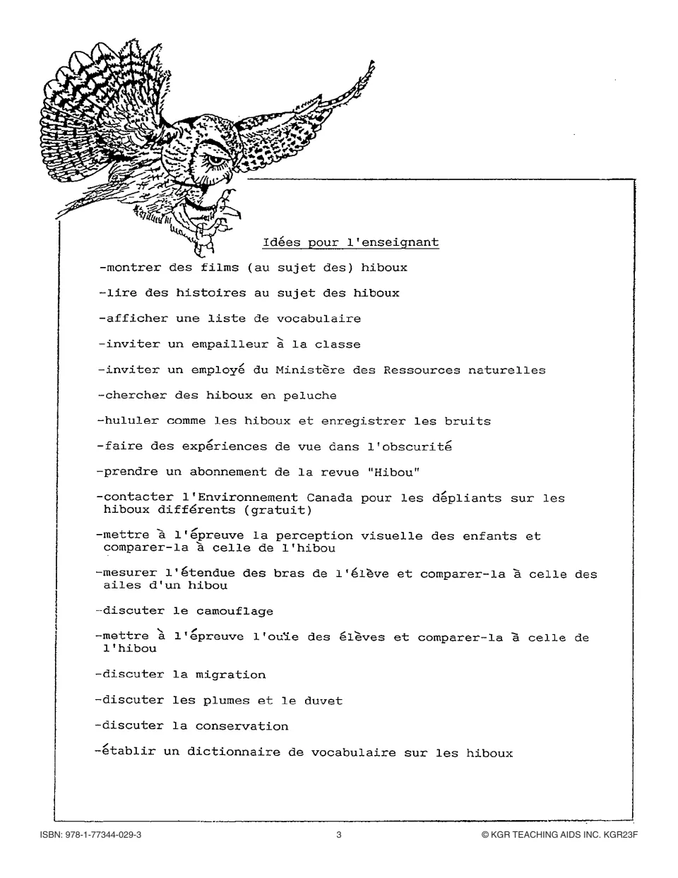 Teacher suggestions for the owl unit include vocabulary displays, owl sounds, sensory comparisons and conservation