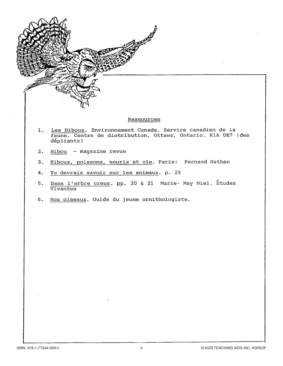 Owl unit reference list names six sources, including Environment Canada pamphlets, Hibou magazine and bird books