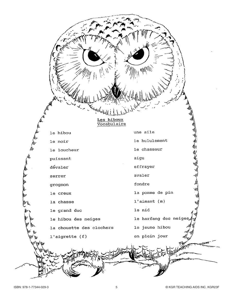 First owl vocabulary page lists 26 French terms, including le hibou (owl), une aile (wing) and le nid (nest)