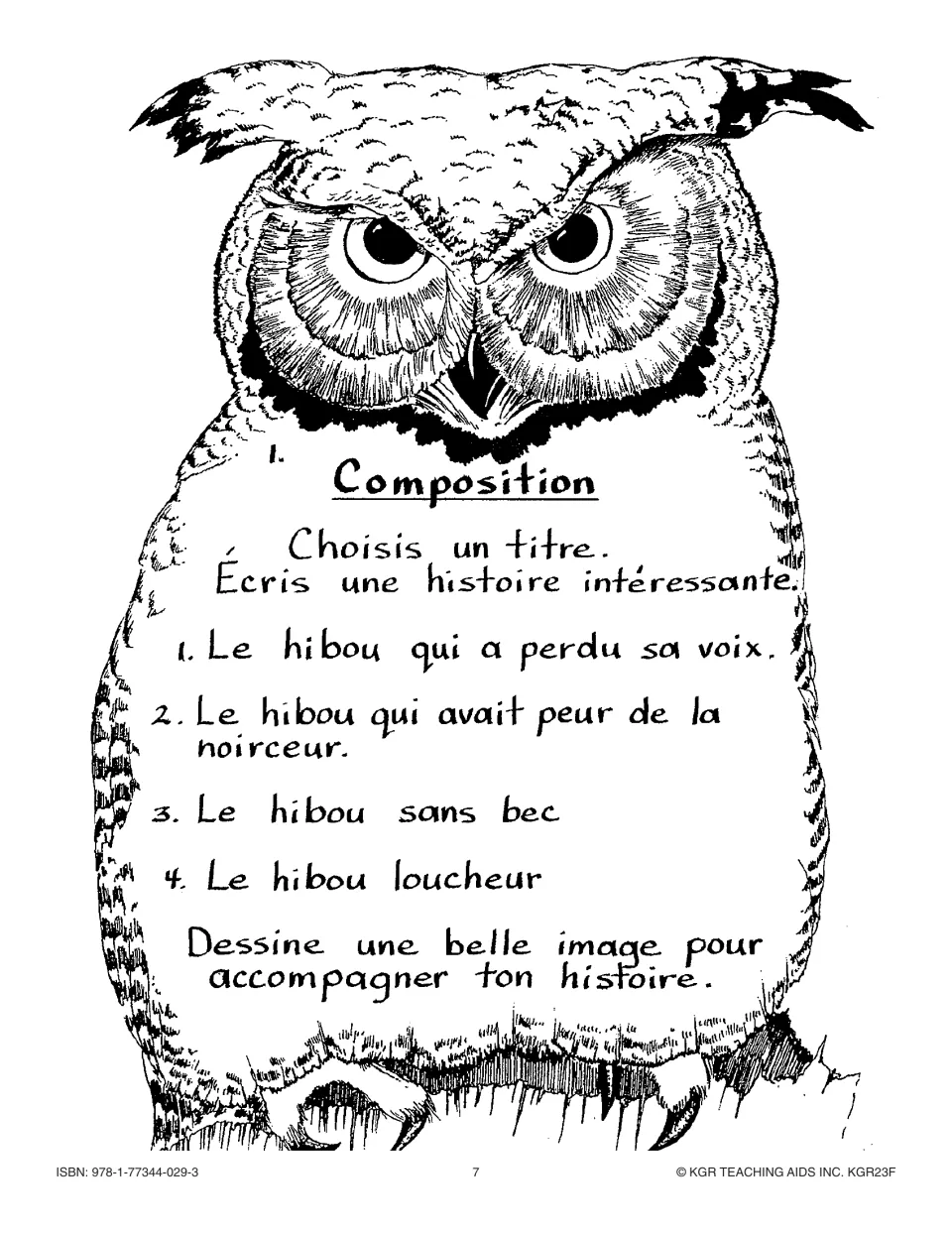 Writing activity 1 offers four owl story titles about a lost voice, fear of darkness, no beak and crossed eyes