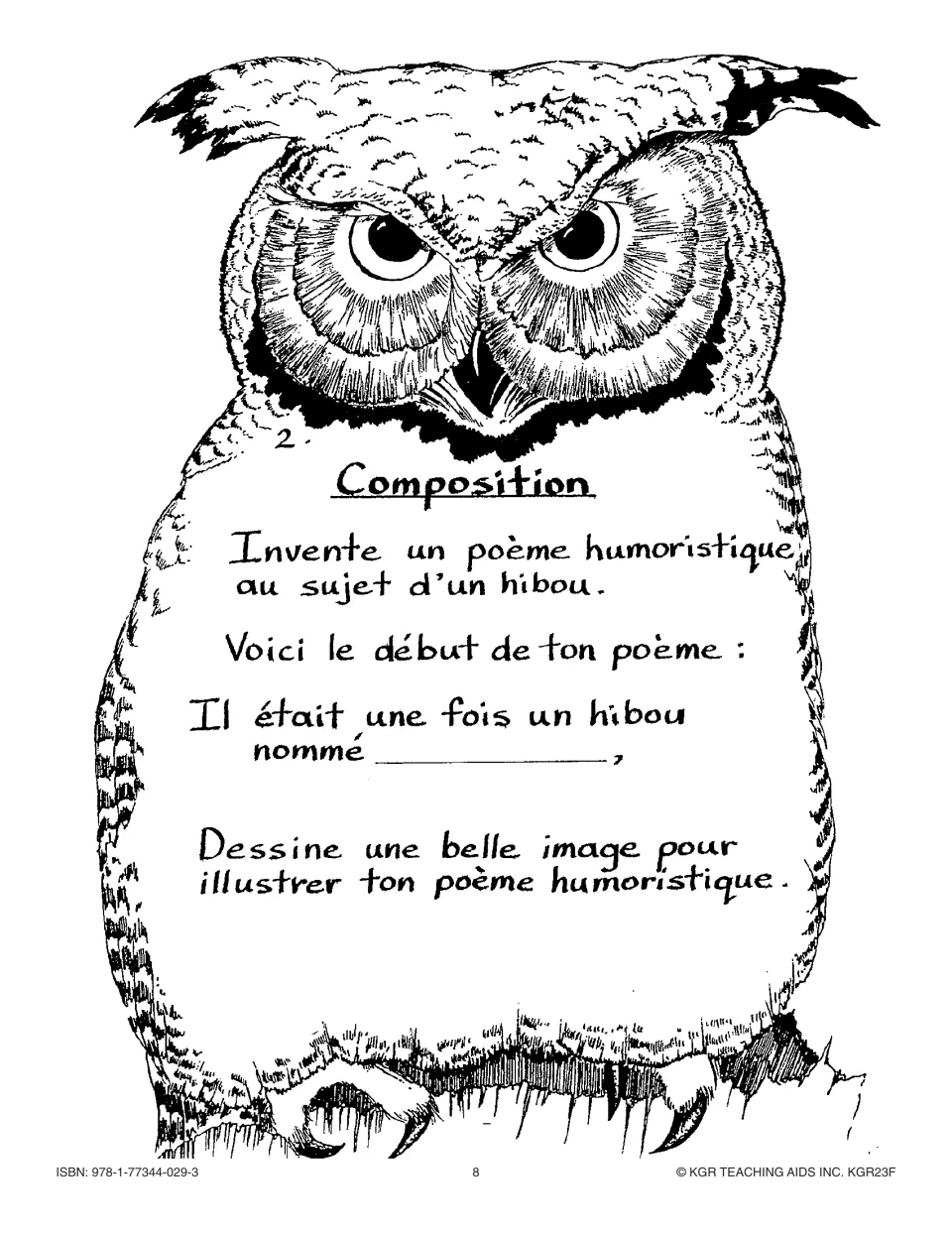 Writing activity 2 asks students to create and illustrate a humorous owl poem using a supplied opening sentence