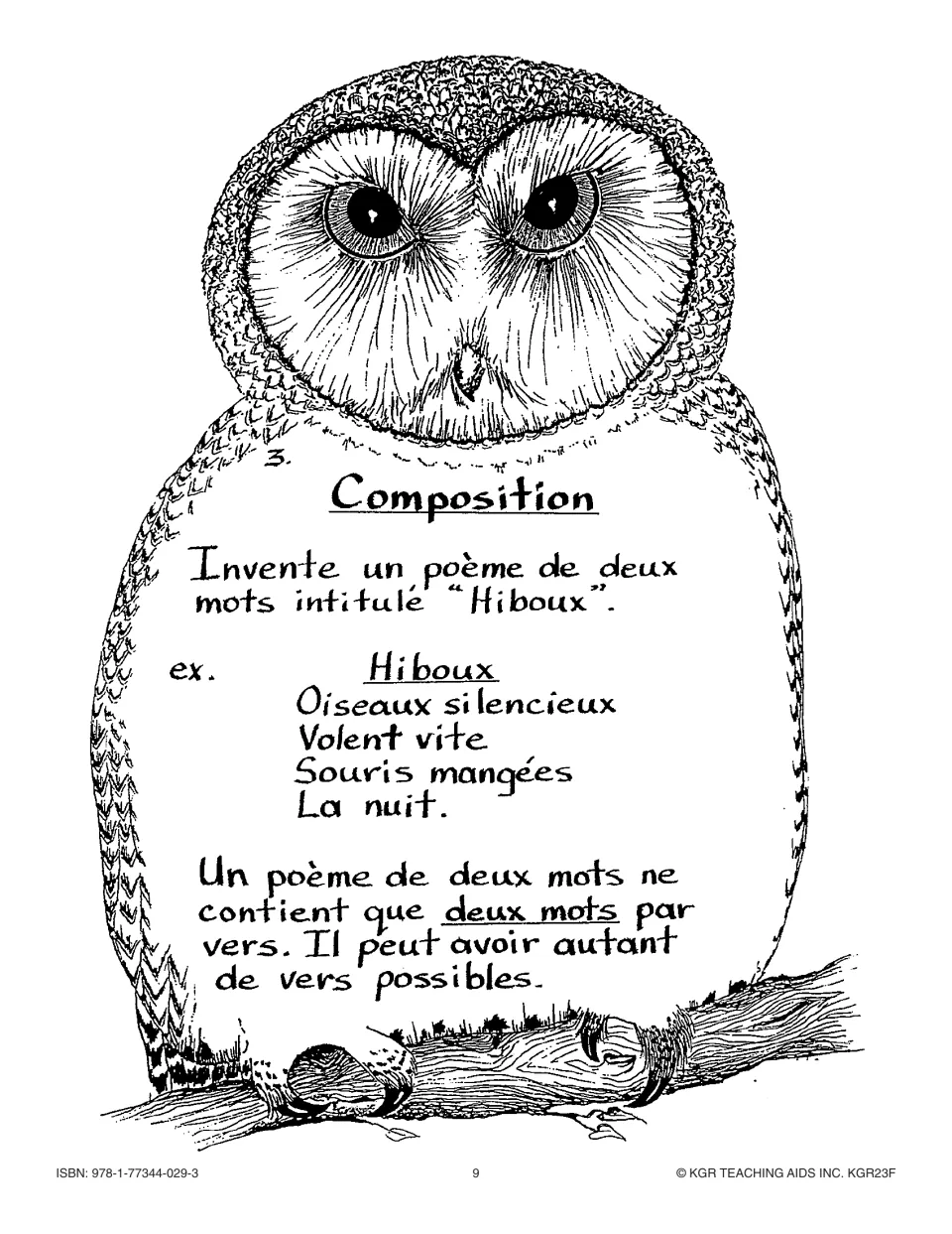 Writing activity 3 asks for an owl poem with two words per line and provides a four-line French example