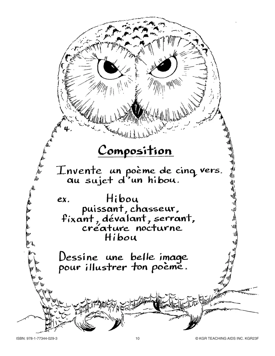 Writing activity 4 asks students to write and illustrate a five-line owl poem, with a French example provided