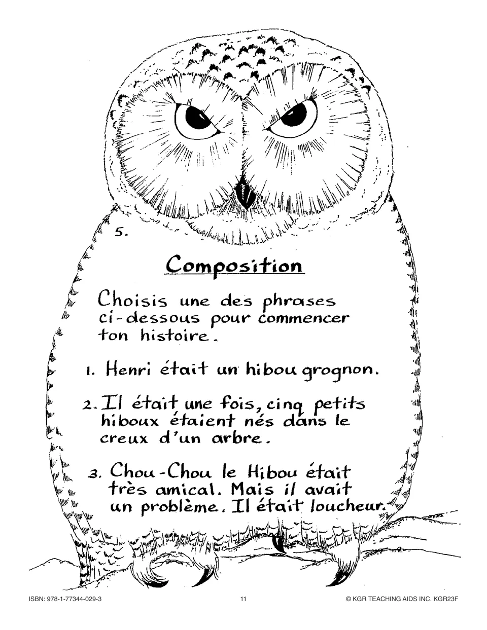 Writing activity 5 offers three story starters about a grumpy owl, five newborn owls and a friendly cross-eyed owl