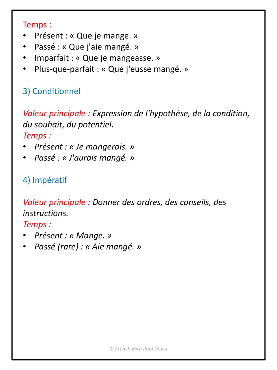 Verb mood notes: subjonctif tenses of manger, then conditionnel and impératif with their main values and example forms